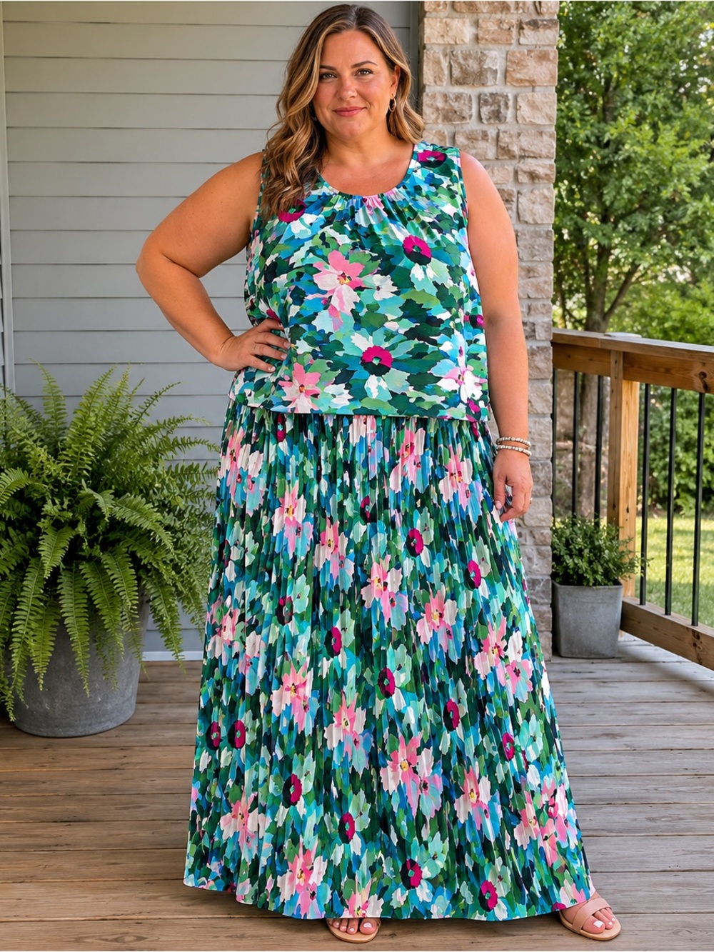 NWT Ulla Popken Pleated Floral Maxi Dress Overlay Stretch Plus Size 30
